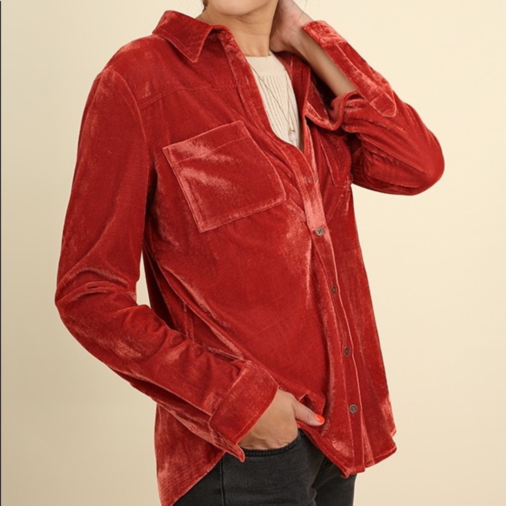 Burnt Orange Velvet Button Down Shirt